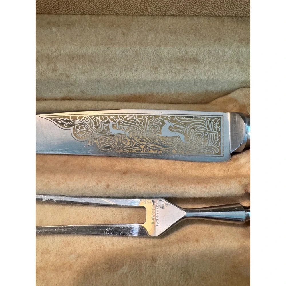 Robeson Continental Vintage Carving Set Stag Horn Handles Germany 3 Piece Etched